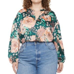 Ryegrass Green Floral Plus Womens Button down Long Sleeve Blouse XL